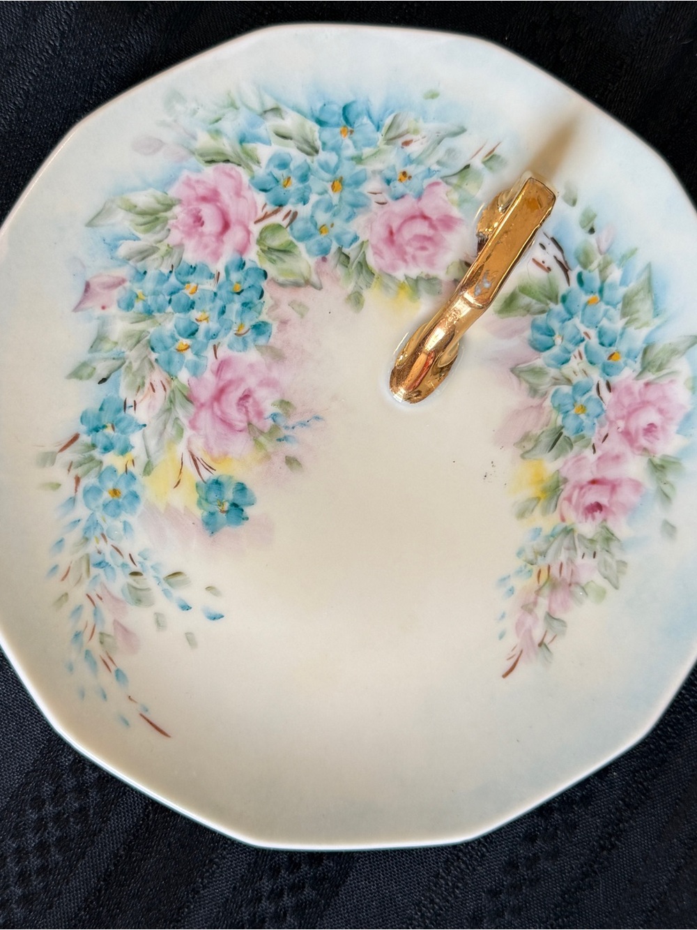 Vintage hand painted lemon dish gold handle signed Grace Schultz